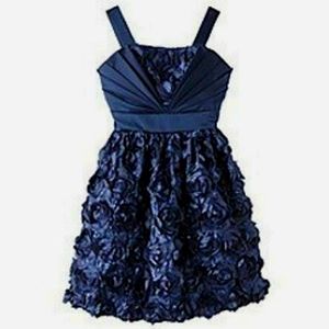 RARE EDITIONS Girl's Navy rosette sequin Pleated Soutache Skirt Dress